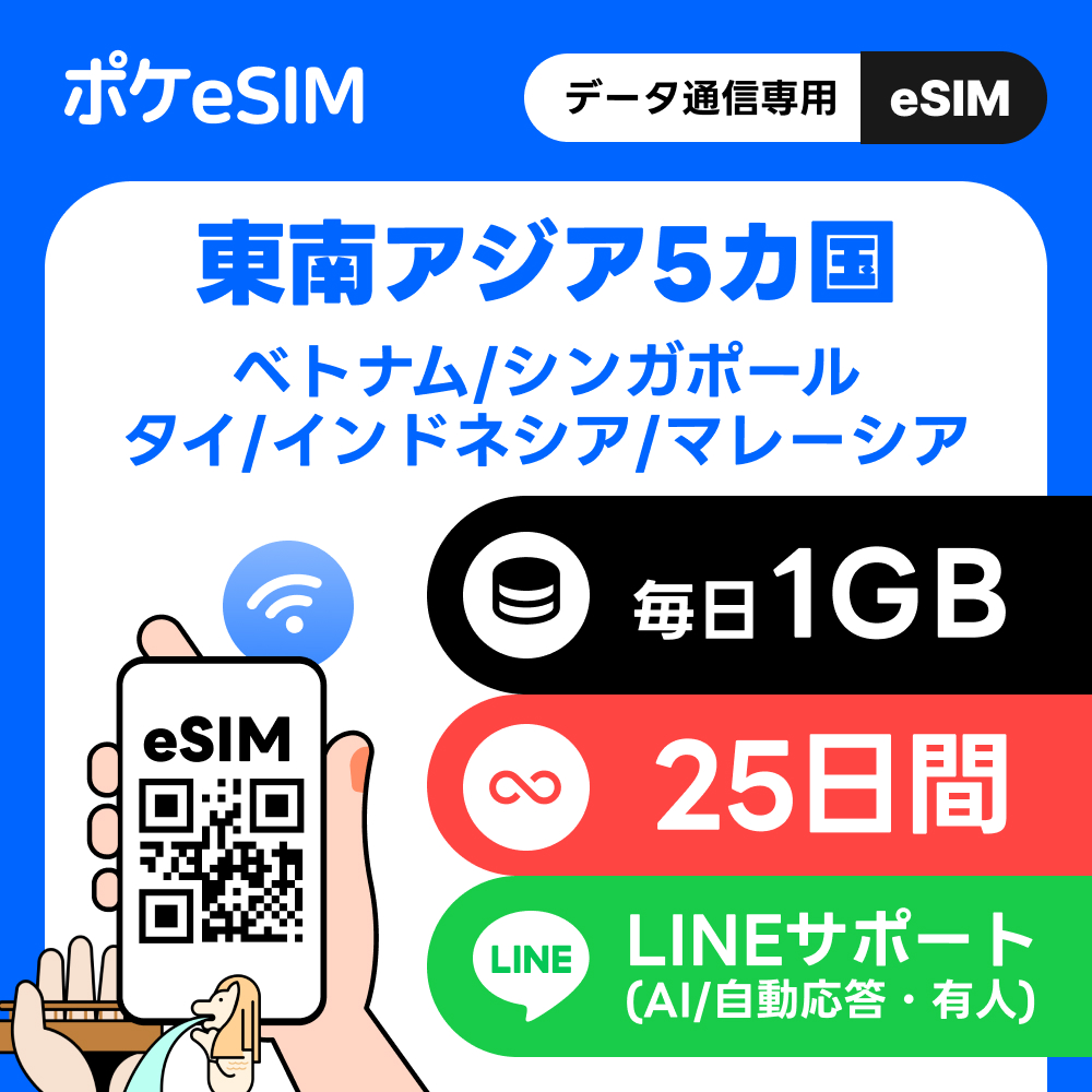 【購入後すぐ届く！】 東南アジア 5ヵ国 eSIM 毎日1GB 25日間 データ通信のみ Grabクーポンコード配布中　ベトナム シンガポール タイ インドネシア マレーシア DL期限:購入から90日