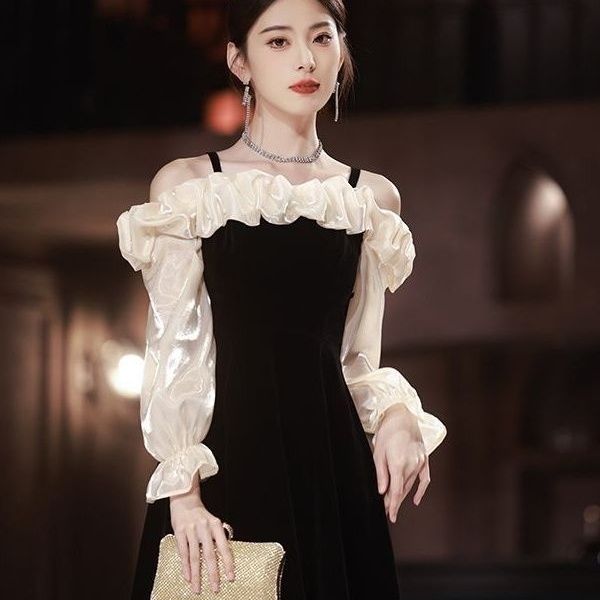 字肩声乐艺考成人礼晚礼服裙女小众轻奢高端生宴会高级感黑色