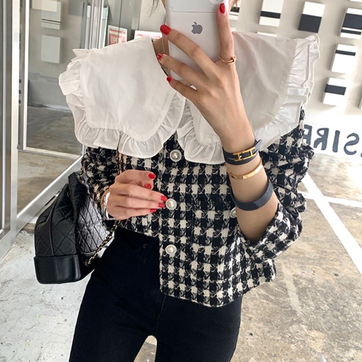 襟付き千鳥格子ジャケット ジャケット レディース