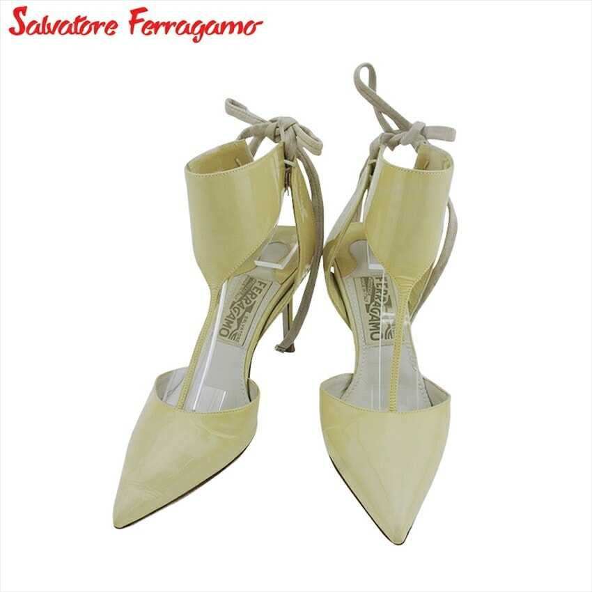 パンプス シューズ 靴 ポインテッドトゥ レディース 5C レースアップ ベージュ グレー 灰色 中古