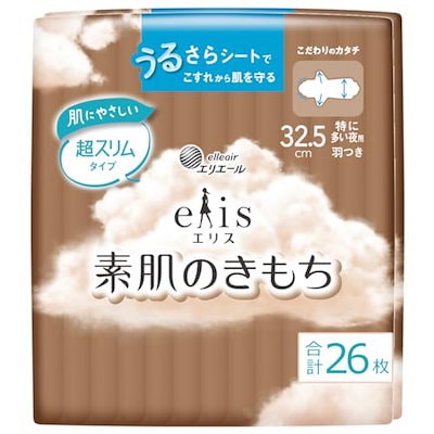 他サイト： 【Amazon.co.jp限定】エリス 素肌のきもち 超スリム 羽つき 32.5cm(特に多い夜用)26枚【まとめ買い】の商品画像