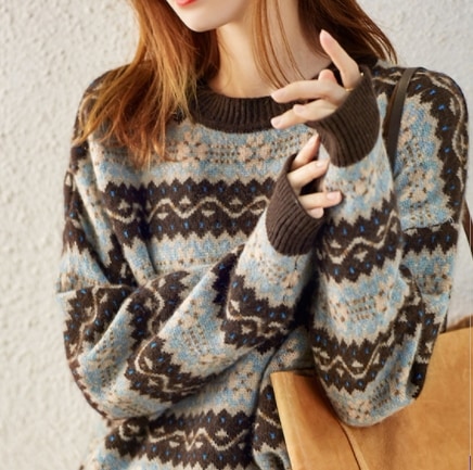 フェアアイル柄ニット トップス セーター 袖あり 長袖 ラウンドネック かわいい 大人可愛い