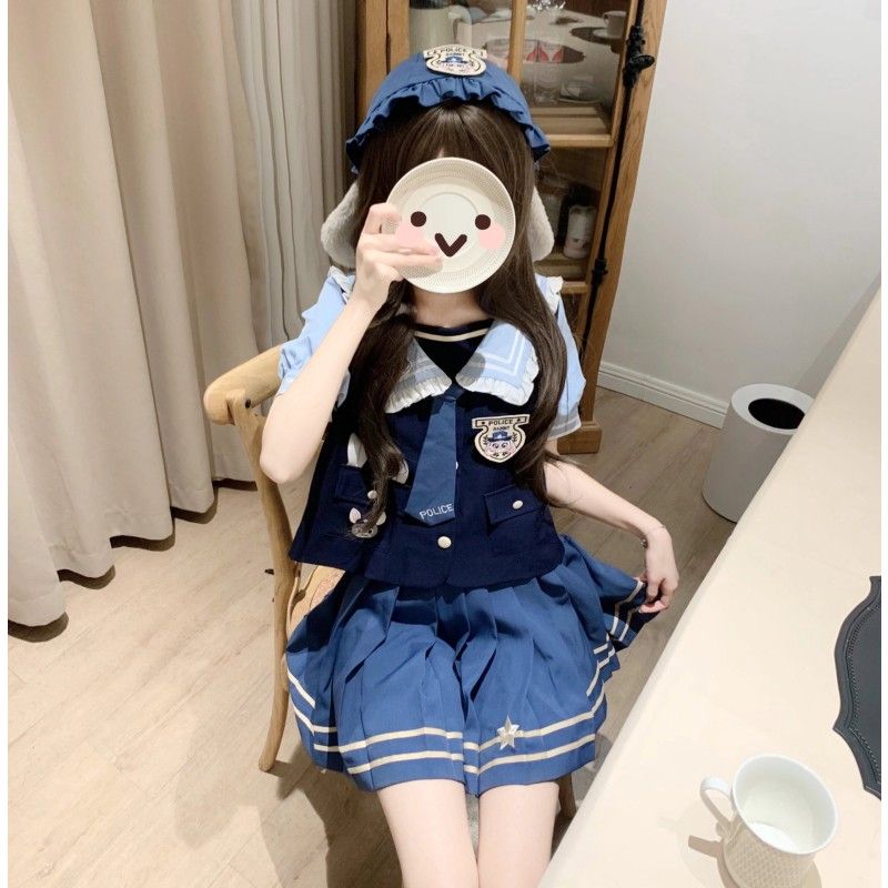 ロリータjk制服ロリータ少女感インパクトカラーつぎ海軍ネックフリルシャツハイウエストプリーツスカート減齢スーツメイド服