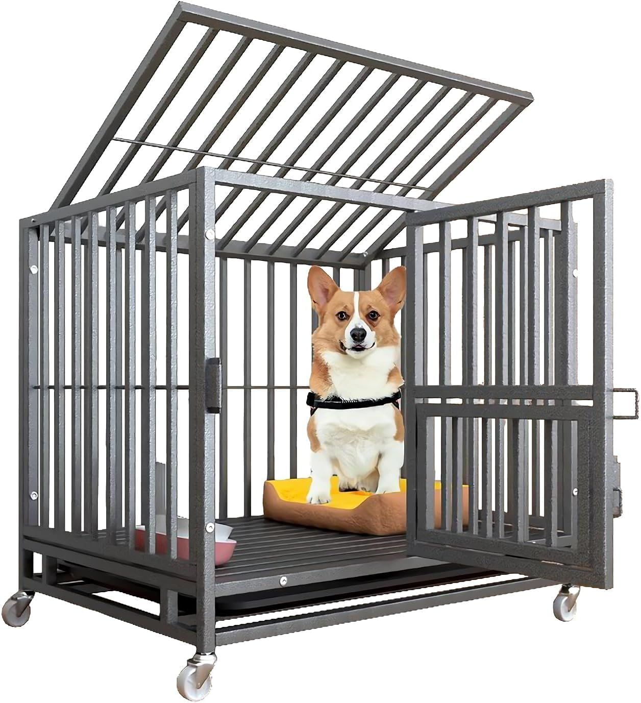 犬ケージ ペットケージ 犬小屋 ドッグクレート 猫ケージ キャスター付き 小型犬用 金属製 室内/屋外 トレー/屋根付き 頑丈 脱走防止 小型犬/中型犬 70×52×61cm