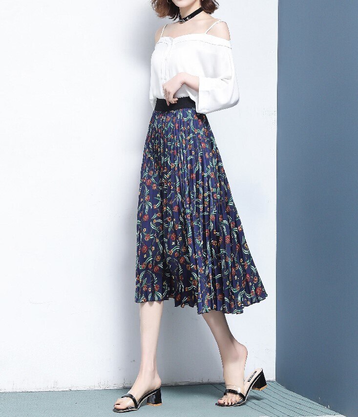 2色 スカート 春夏 きれいめ レディース プリーツスカート フレアスカート 膝下 ミモレ丈 ロング丈 7分丈 ミディアム丈 ミドル丈 レギュラー丈 花柄 小花柄 フラワー ウエスト ゴム プリーツ