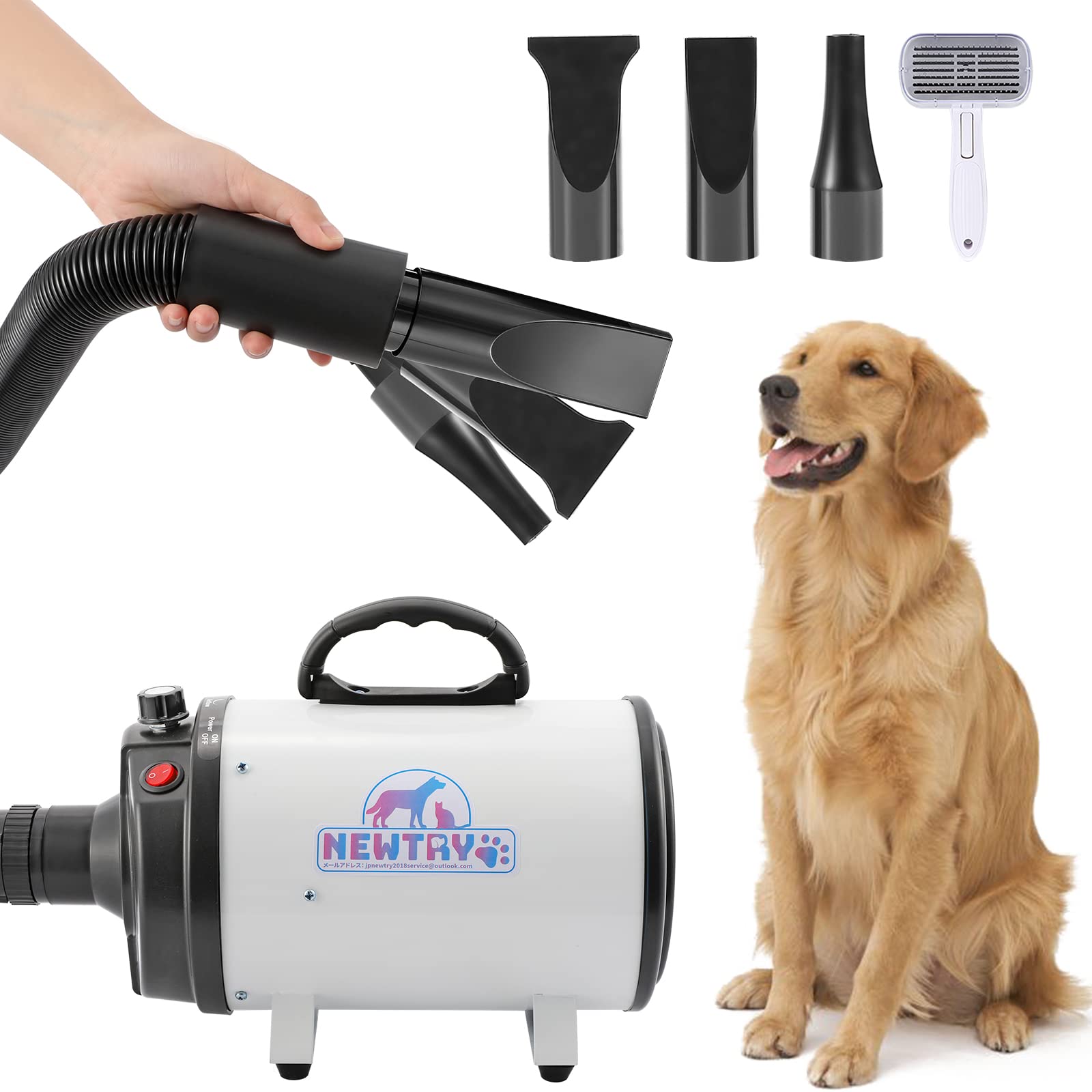NEWTRY ペットドライヤー 犬用 ペット用 ドライヤー ブロワー 送風機 無段階速度制御 3つのノズル付き ブラシ付き 風速温度調整可能 大風量 騒音低減 100V 50Hz/60Hz 650