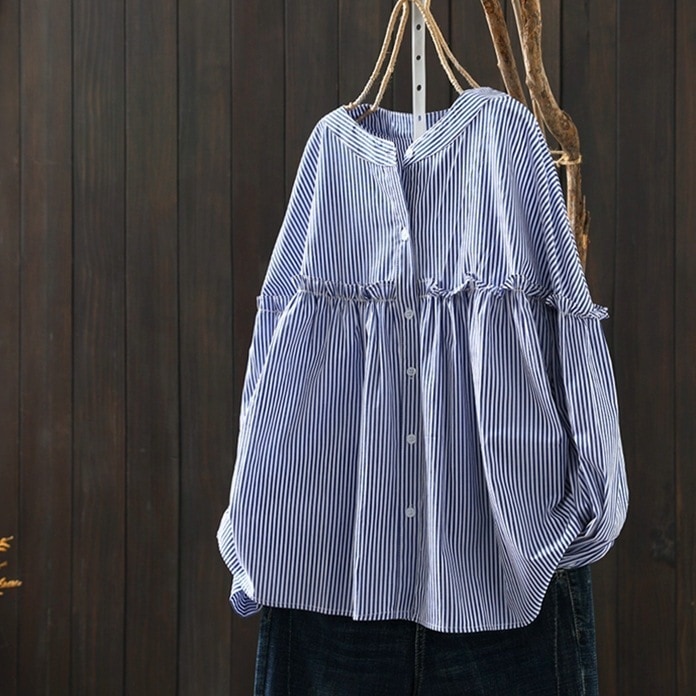 【人気沸騰】 女性に大人気 カジュアル ラウンドネック シングルブレスト 長袖 耐久性 ストライプ シャツ レディース