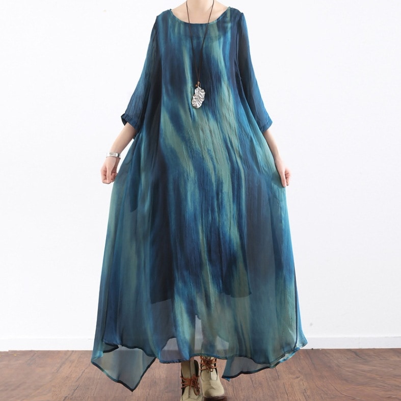 【 今季大注目のアップ】 大きいサイズ七分袖グラデーション色Aラインマキシワンピース