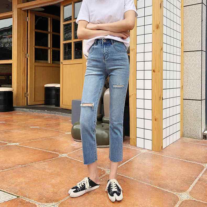 デニムパンツ レディース ダメージ ジーンズ クラッシュ ボトムス スキニー 夏 ハイウエスト カジュアル 韓国 クロップド ブルー 4,678円