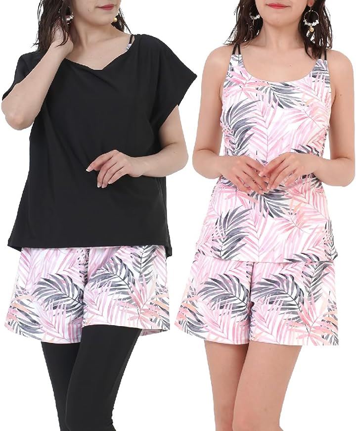 水着 レディース 5点セット ヨガ タンキニ Tシャツ パンツ レギンス ショーツ ピンクリーフ x ブラック( ピンクリーフ x ブラック, M)