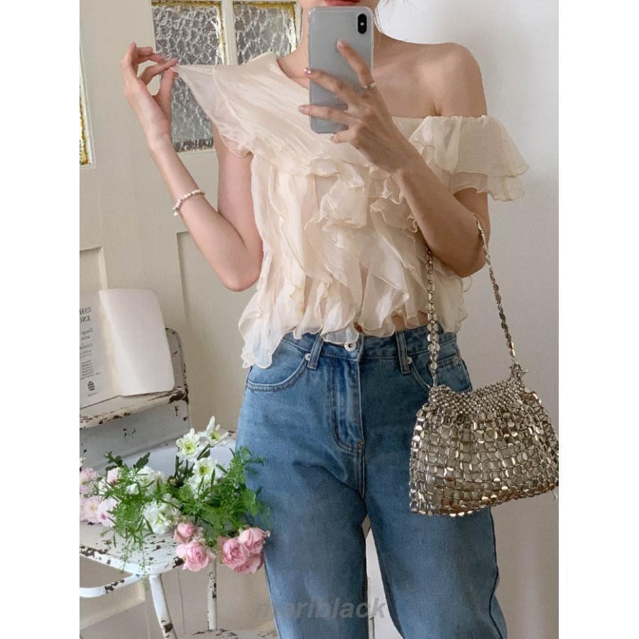 ブラウス オフショルダー レディース フリル袖 オープンショルダー ティアード トップス チュール トップス フェミニン 着回し シンプル おしゃれ 大人 カジュア