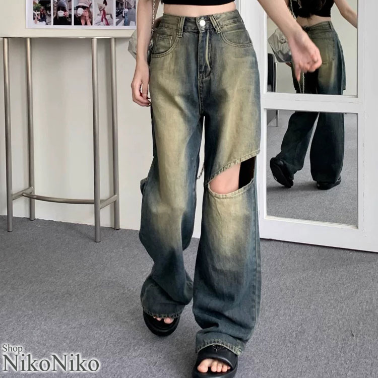 ウォッシュ加工 カットアウト デニムワイドパンツ【即納】 レディース 韓国 プチプラ おしゃれ