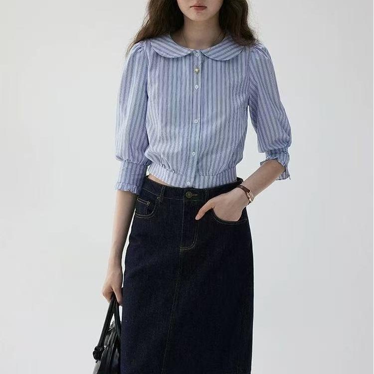 【送.料.無.料.急速発送】ショート丈のドールネックストライプ七分袖シャツ秋通勤で痩せ見え