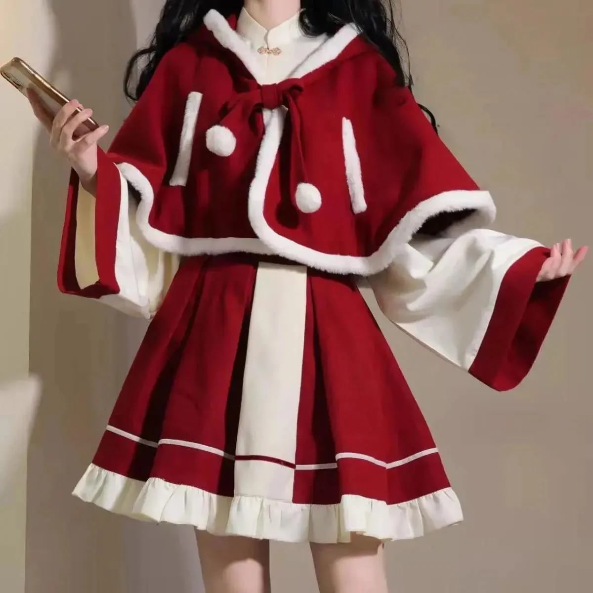 メイド服 可愛いロリータ コスプレ ハロウィン クリスマス サンタコスプレ秋冬スーツ女子学生フード付きケープショール+長袖インナーシャツ+スプライシングハーフスカート3点セット ハロウイン