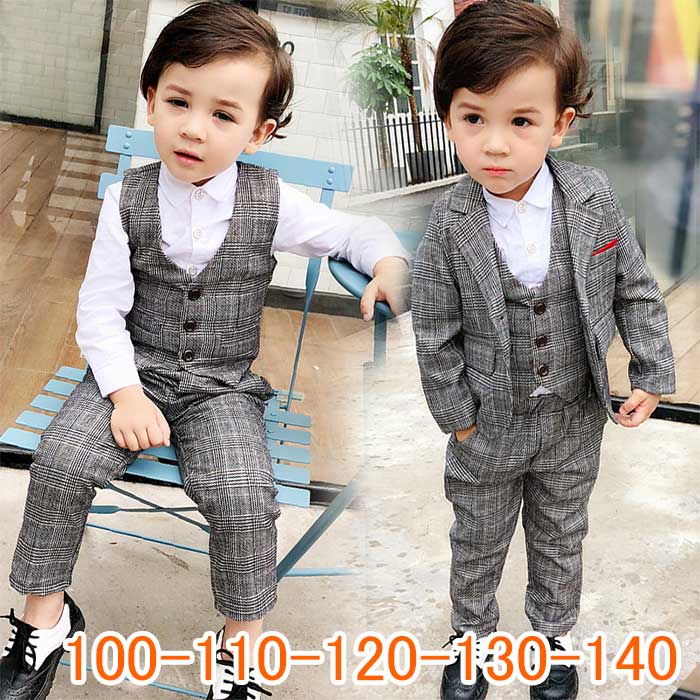 入学式 スーツ 男の子 子供スーツ 3点セット 子供服スーツ 男の子 フォーマル コート フォーマルスーツ 男の子 おしゃれ チェック柄 ジャケット ズボン ベスト 紳士服 セットアップ フォーマル