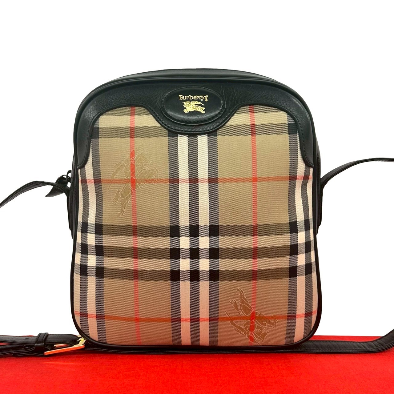 ヴィンテージ シャドーホース ロゴ ノバチェック 柄ショルダーバッグ キャンバス レザー ベージュ 39728
