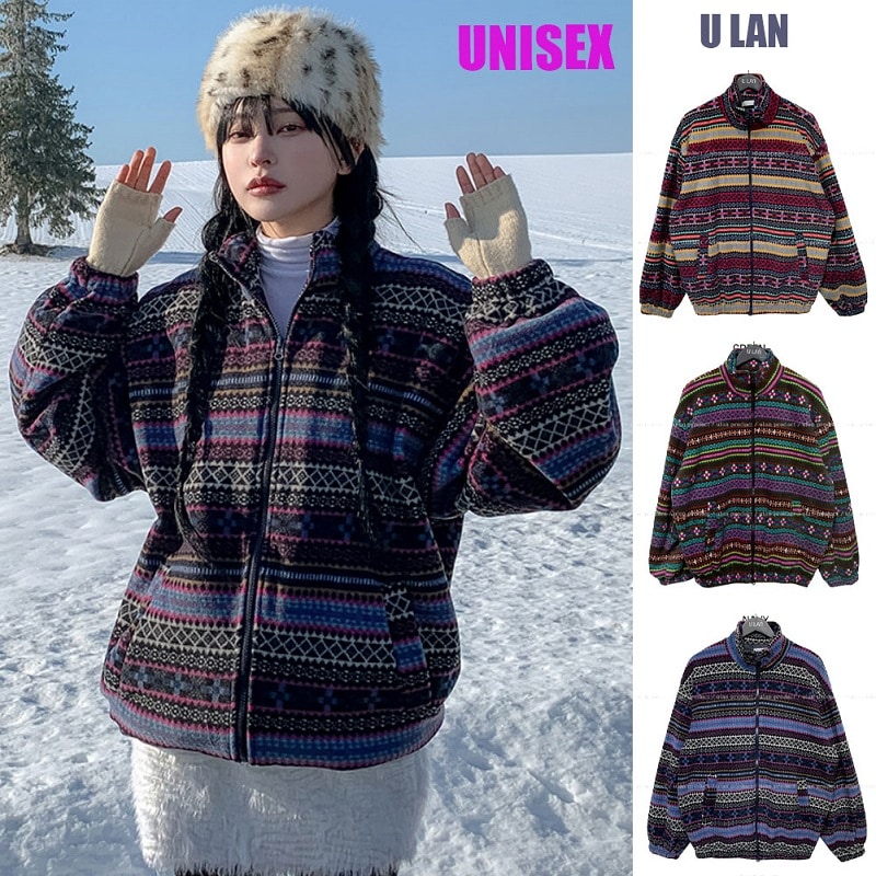 [U LAN] Ethnic Pattern Fleece Two-Way Zip-Up 男女兼用 エスニック柄 韓国人気