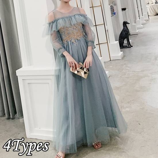 大人気 上品 ドレス パーティードレス レディース ロング 結婚式 二次会 お呼ばれ 演奏会 パーティ フォーマル 袖あり オフショル ペールトーン ふんわり 透け感 フェアリー 20代 30代 大き