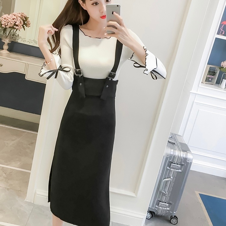 ストラップドレス トップス ワンピース セーター ジャンスカ ミモレ丈 長袖 フレアスリーブ ラウンドネック スリム ストレート フリル リボン ハイウエスト 伸縮性 ニット 上下セット 2点セット