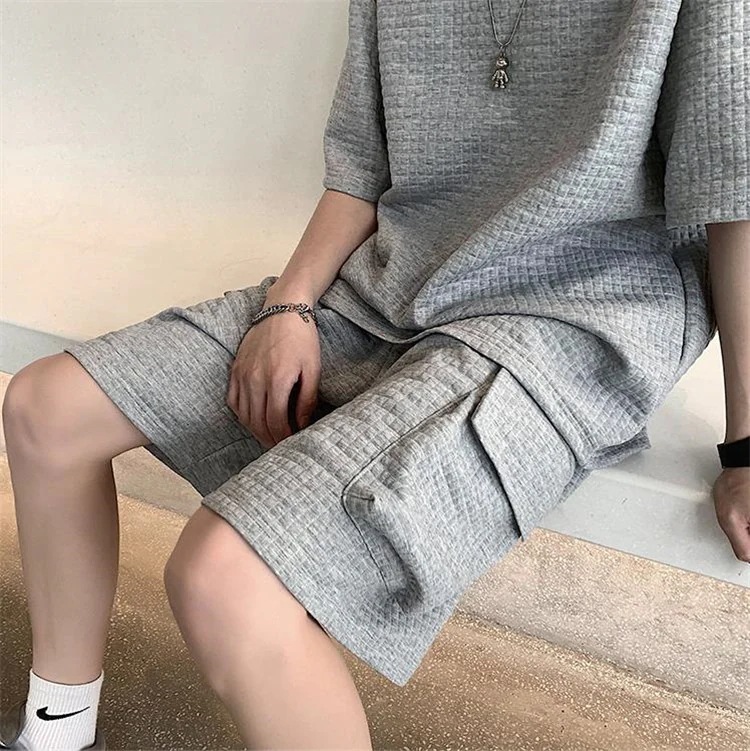 最新トレンド勢揃い韓国ファッション ワッフル 半袖 セット メンズ スポーツウェア トップス I