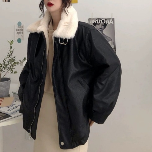 レディース ジャケット アウター 上着 レザージャケット 長袖 厚手 裏起毛 PU ベルベット かわいい カジュアル おしゃれ かっこいい ラフ メンズライク ボーイッシュ ルーズ クール 存在感