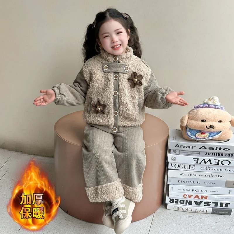 女の子裏起毛パンツセット秋冬新作 ベビーショートヘアアウター2点 キッズ セットアップ