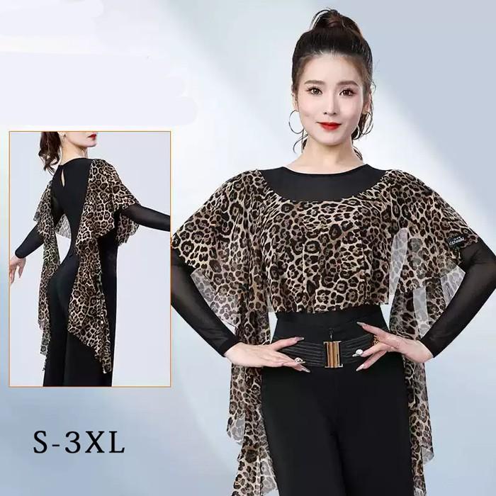 社交ダンス トップス レオタード ヒョウ柄 股下ホック 長袖 透け感 フリル 胸パッド付き ラテン モダン タンゴ サンバ ダンスウェア ブラック S-3XL