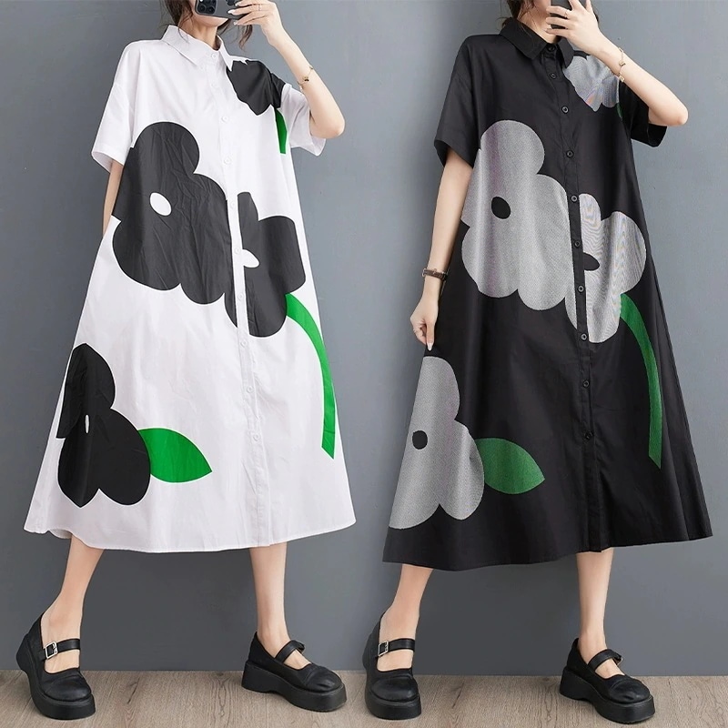 今年も人気2024夏の新型ゆるい大サイズプリントカジュアルシンプル通勤甘い半袖シャツワンピース