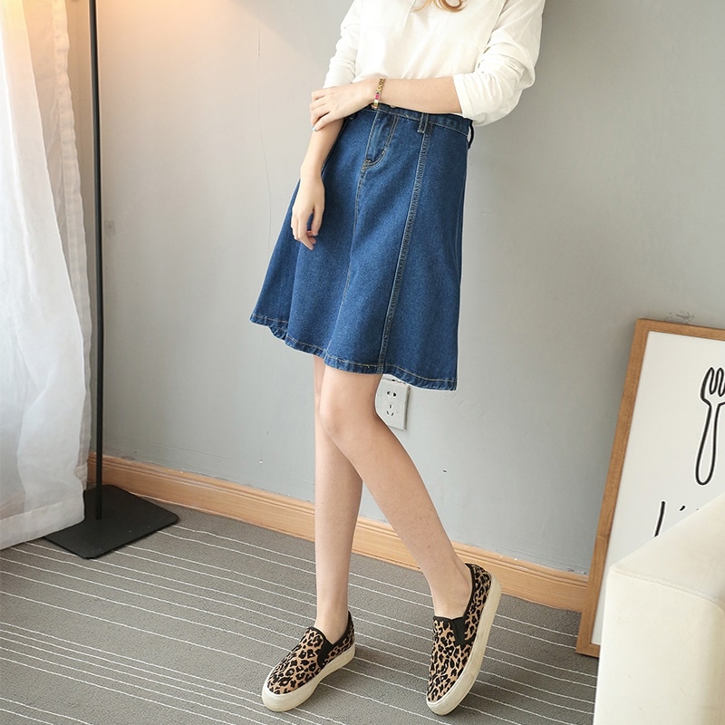 3285．Aラインきれいめデニムボトムス　2019春夏　ミモレ丈　ハイウェスト　美ライン　おしゃれ　スカート　お出かけ　お呼ばれ　女子会　普段使い