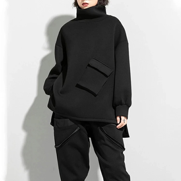 ハイネック スウェット レディース トップス 長袖 スウェット トレーナー プルオーバー 裾変形デザイン アシンメトリー 無地 モード系 個性的 大人 カジュアル メンズ ユニセックス ビッグシルエッ