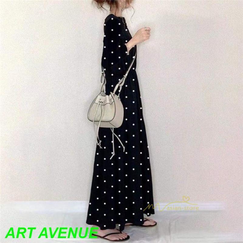 ワンピース ロングワンピース レディース 春 秋 ドット柄 マキシワンピース 長袖 Aラインワンピ カジュアル 韓国ファッション きれいめ Vネック