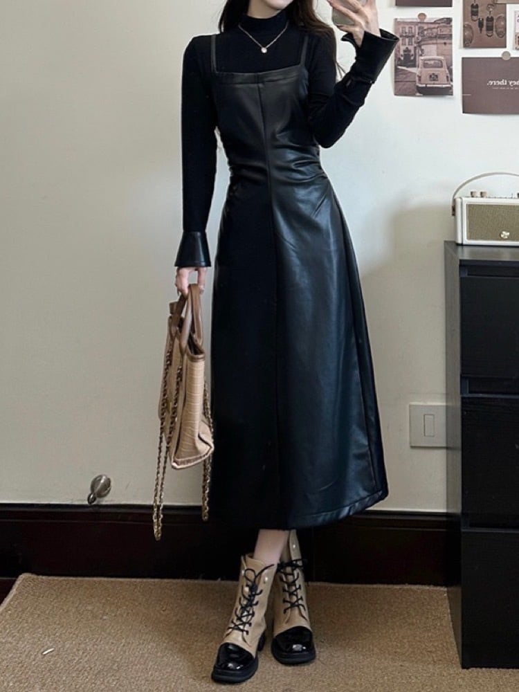 丈が選べるシンプルなのにオシャレ見え フェイクレザーキャミワンピース モード スタイルアップ 重ね着 スリッド おしゃれ 大人 シック お呼ばれ 食事会 デート 大きいサイズ 韓国 CH10385