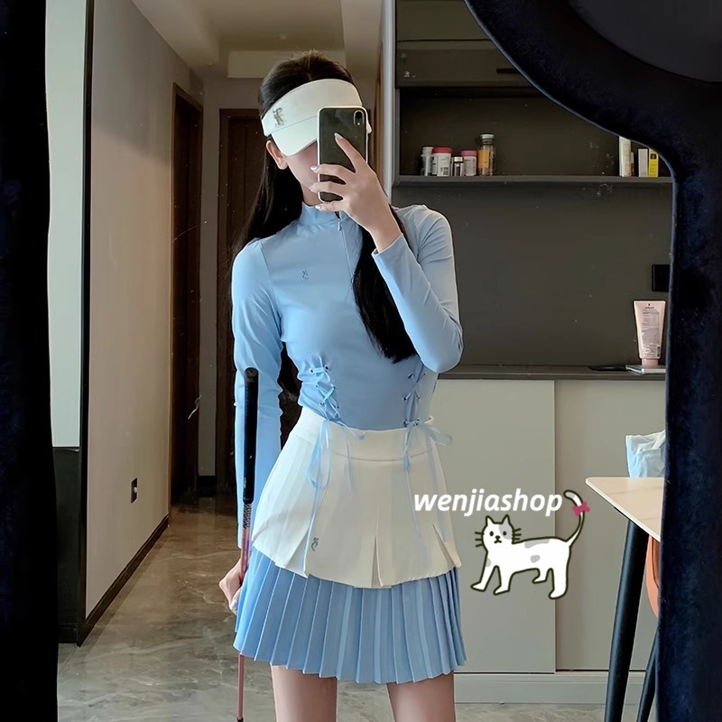 ゴルフウェア 2025 春秋 秋服 レディース スポーツウェア トップス プリーツスカ Tシャツ 長袖 スカート ミニスカート 上下セット ブルー セットアップ 女性 テニスウェア 速乾 韓国風