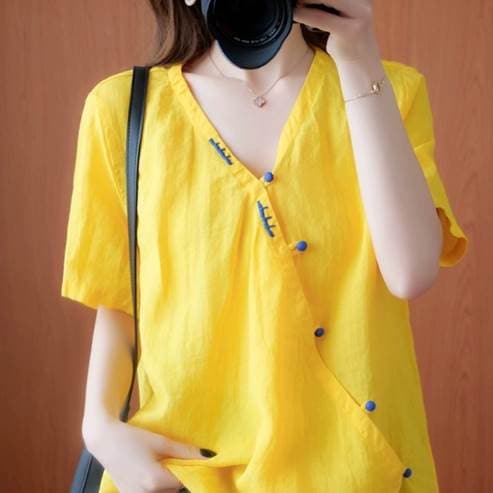 トップス シャツ ブラウス 袖付き 5分袖 襟なし Vネック 前開き ボタン 薄手 かわいい 大人可愛い きれいめ シンプル 大人 上品 おしゃれ かっこいい こなれ感 メンズライク ボーイ