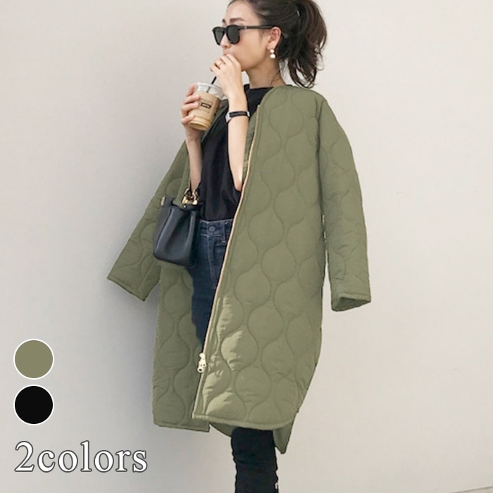 ジップアップ ノーカラー キルティング ジャケット コート 防寒 ミディアム丈 ア