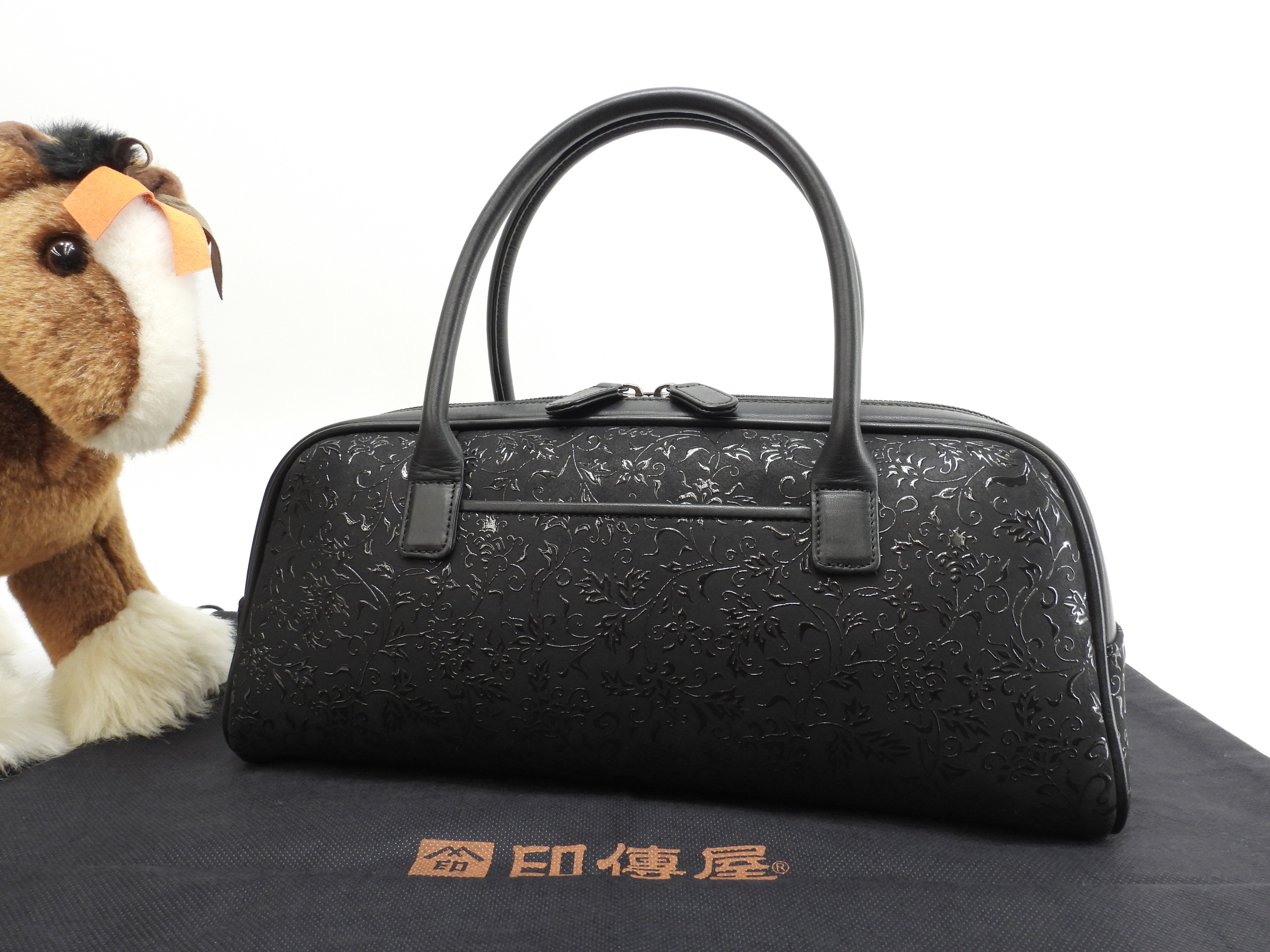 ハンドパック 花唐草 鹿革漆塗黒 トートバッグ 極美品@ 1