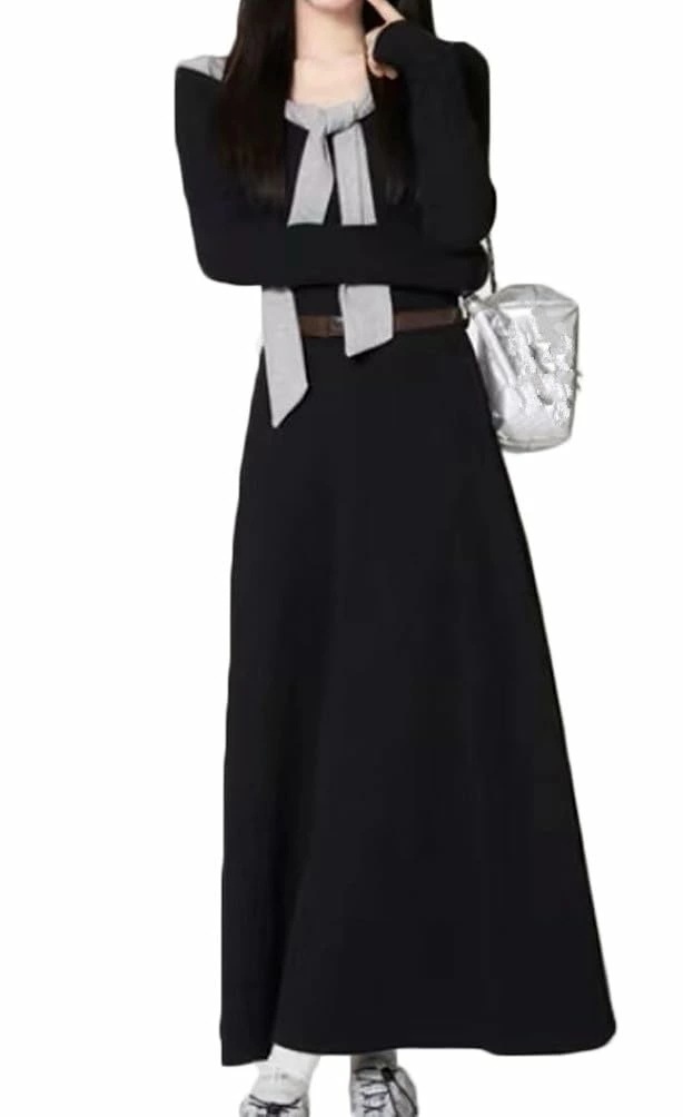 レディース ワンピース ロングワンピース ドレス 長袖 無地 着痩せ スリム シンプル きれいめ 上品 カジュアル ファション 日常着 お出かけ デート 通勤 女子会 春秋冬