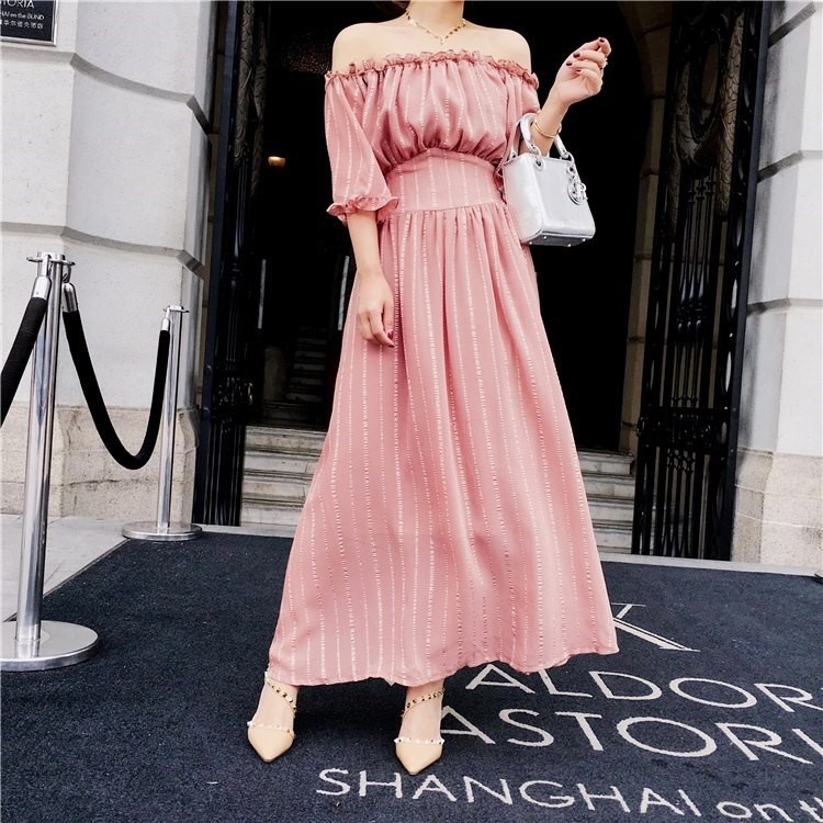 1565.オフショルダーストライプワンピース（ピンク） 2019 春夏 sale 海 ビーチ プール リゾート 旅行 女子会 普段使い お出かけ