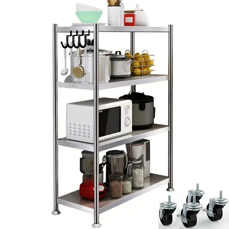 車輪付きステンレス製キッチン収納ラック - 調理器具電子レンジ＆調理器具用マルチティアフロアスタンディングオーガナイザー - 頑丈な磨き上げメタル棚小型キッチン向け省スペース設計キッチンラック