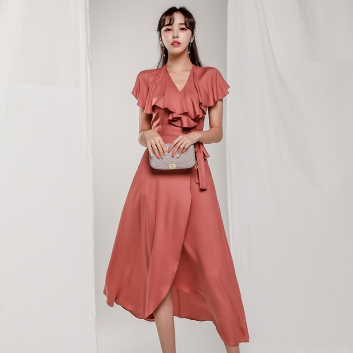 Vネック フリルワンピース ミモレ丈 ウエストリボン b443 5,681円