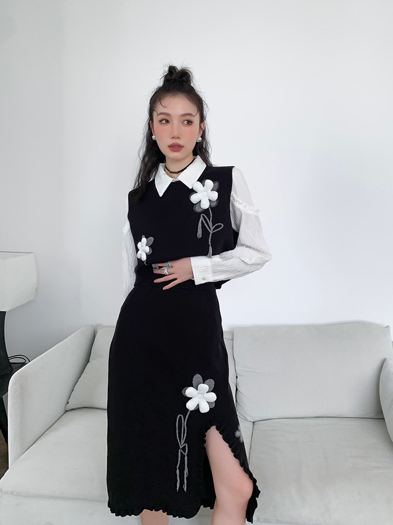【セットアップ】立体フラワー ニットベスト＋ニットスカート 上下セット ツーピース ニットアップ ニット セーター ベスト スカート スリット レディース オフィスコーデ ママコーデ