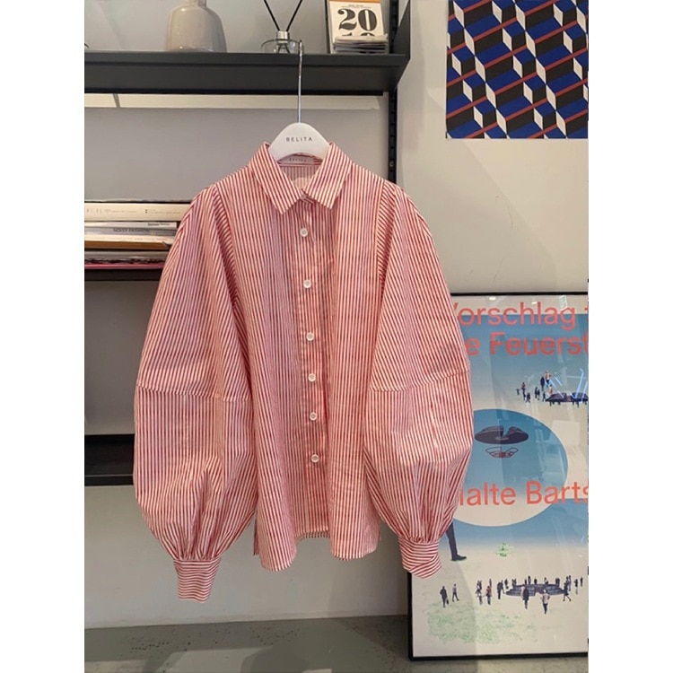 【1つ買うと10つ無料】2025秋の女性のランタンスリーブストライプシャツ女子ゆるいスリム長袖日焼け止め服