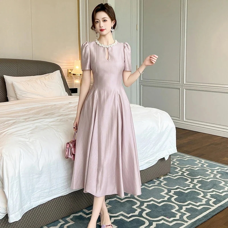 パーティードレス ロングワンピース 光沢感 華やか パフスリーブ イブニングドレス 絶妙な エレガント きれいめ おしゃれ 姫系ワンピース オケージョンドレス 発表会 演奏会 20代 30代 40代