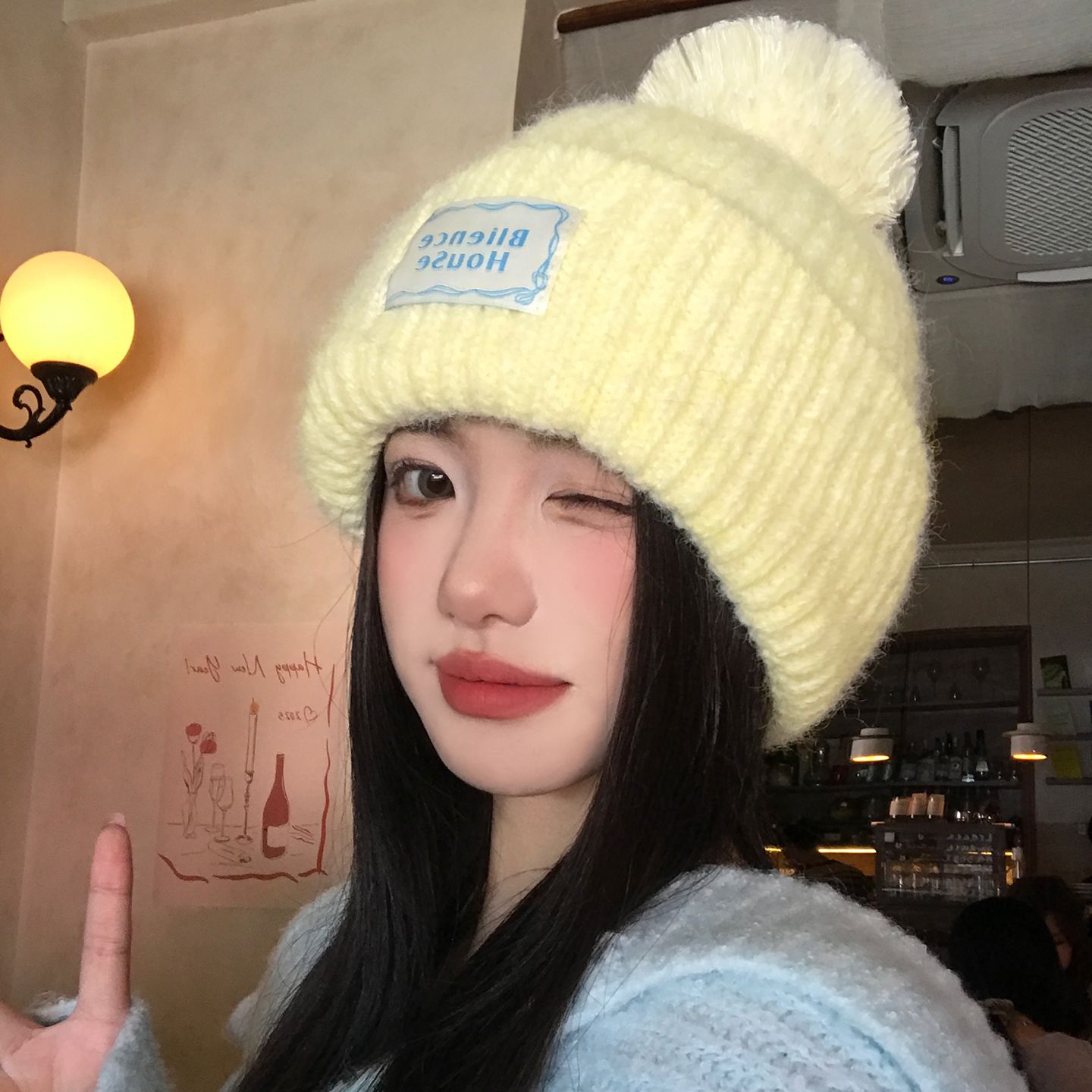 黄色毛玉ニット毛糸帽子秋冬の大頭周り保温カバー帽子顔が小さく見える防寒カバー
