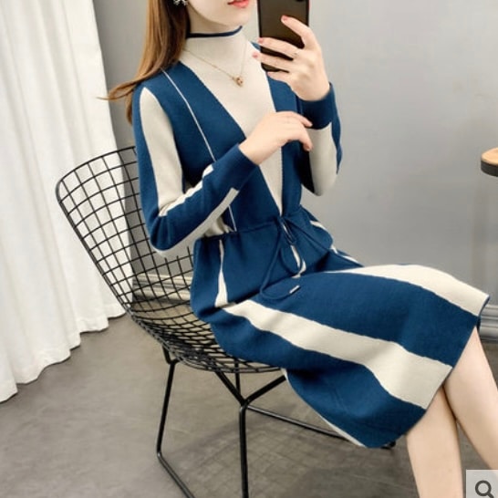 レディース ワンピース ロング ロング丈 長袖 ラウンドネック タートルネック 細身 ストレート