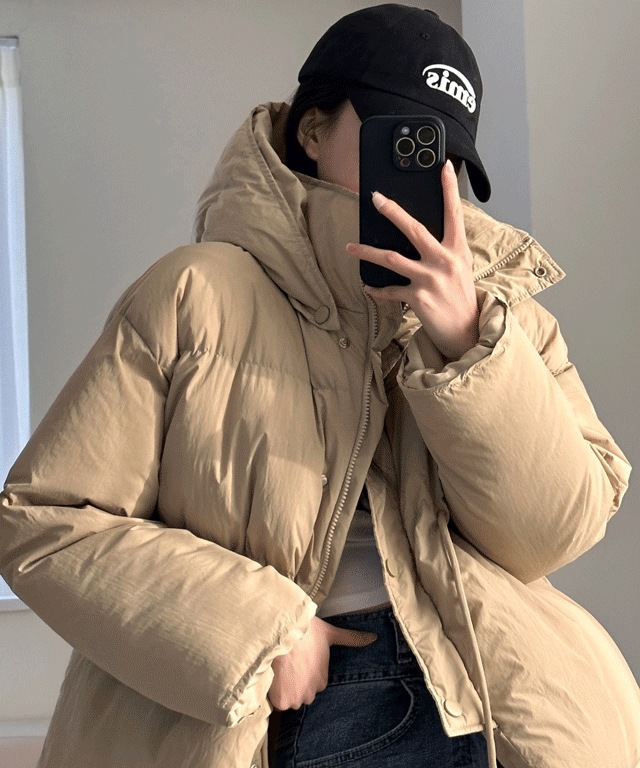 ほくほく~[ウエストくびれ/フード脱着0] ヘビー パーカー ストラップ オーバーフィット ショート ダウン - 2color