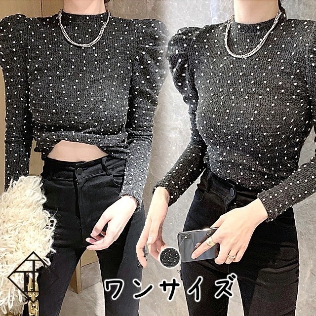 ２点で13o円OFF！【即納】カットソー レディース Tシャツ 長袖 大きいサイズ ハーフハイカラー ドット パフスリーブ カジュアル シンプル 大人可愛い フェミニン エレガント キュート ガーリー