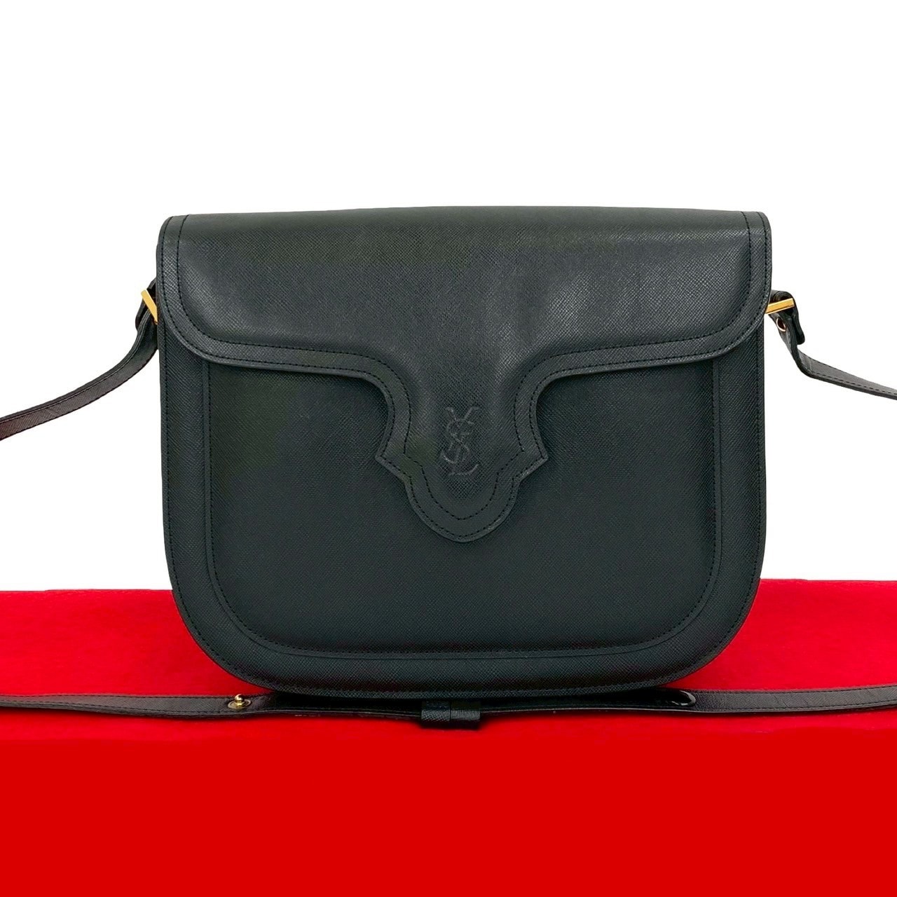 ヴィンテージ YSL ロゴショルダーバッグ レザー ブラック c62-1