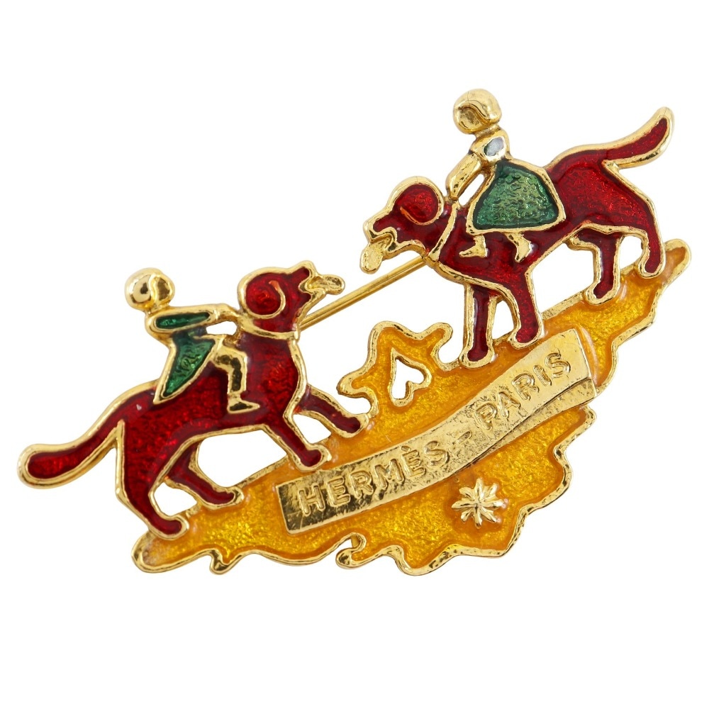 少女と犬 Cloisonne Girl & Dog 七宝焼き ヴィンテージ ブローチ 金メッキ グリーン 約18g _ 中古品