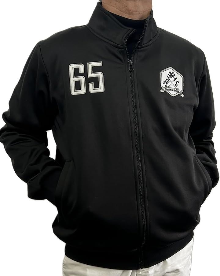 ロバートアンドスミス ゴルフジャケット ジャージ素材 動きやすいデザイン ジッパー付きポケット(ブラック, L)